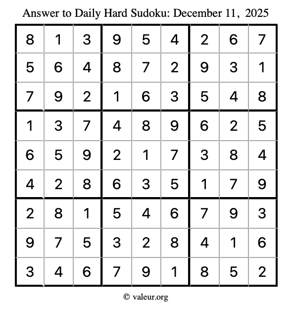 Answer to hard sudoku December 11, 2025