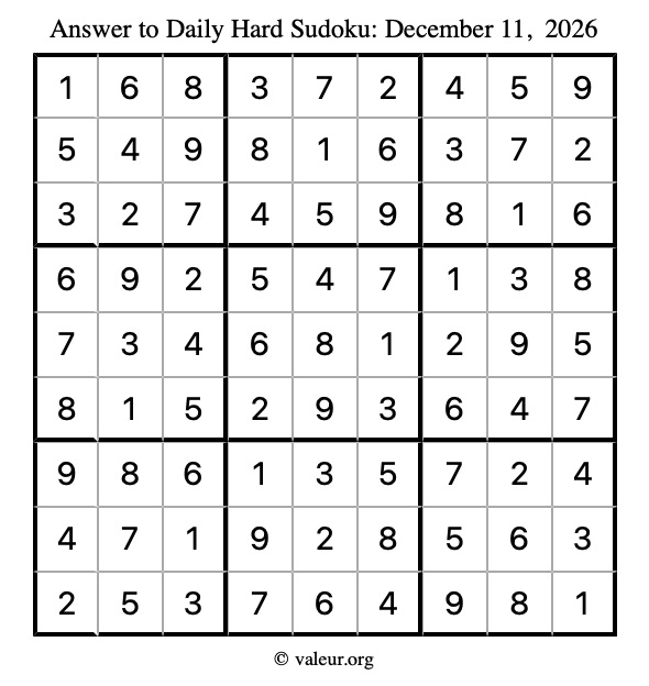 Answer to hard sudoku December 11, 2026
