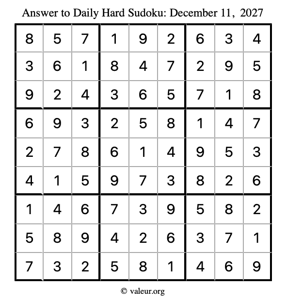 Answer to hard sudoku December 11, 2027