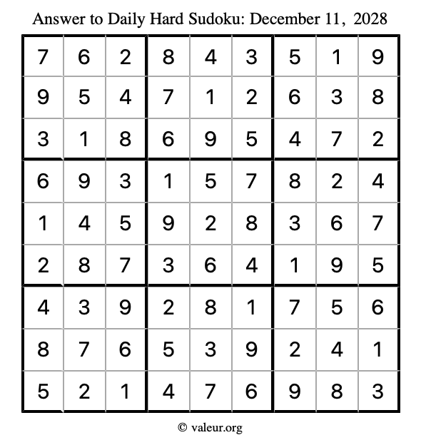 Answer to hard sudoku December 11, 2028