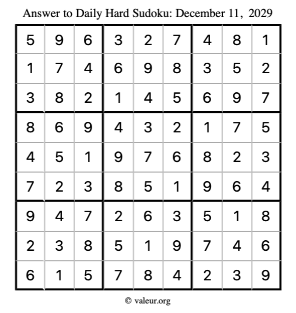 Answer to hard sudoku December 11, 2029