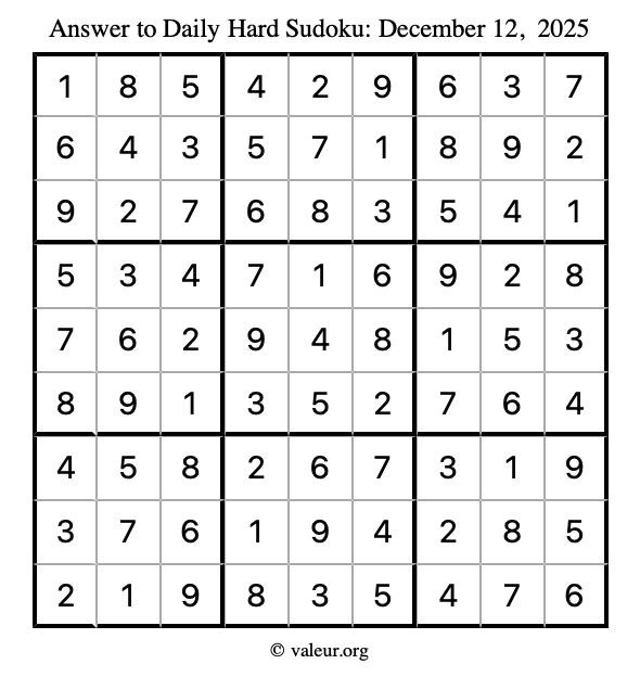 Answer to hard sudoku December 12, 2025