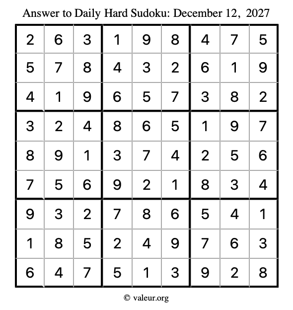 Answer to hard sudoku December 12, 2027