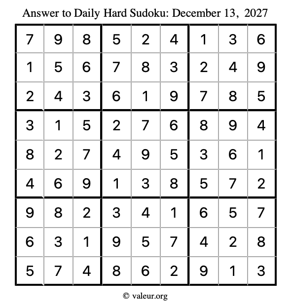 Answer to hard sudoku December 13, 2027