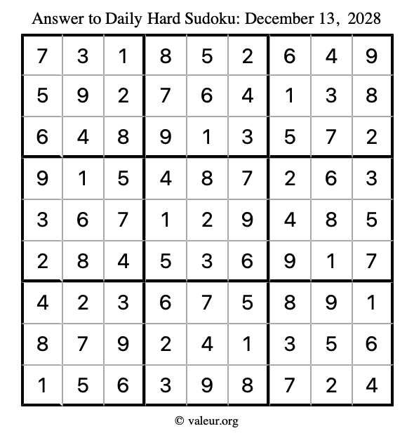 Answer to hard sudoku December 13, 2028