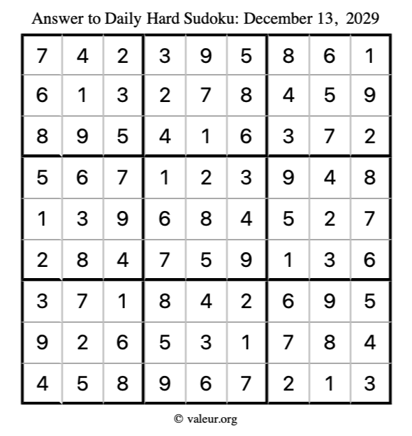 Answer to hard sudoku December 13, 2029