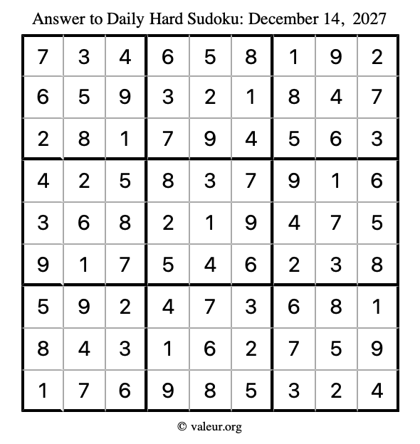 Answer to hard sudoku December 14, 2027