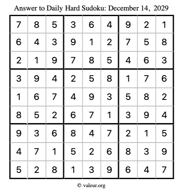 Answer to hard sudoku December 14, 2029