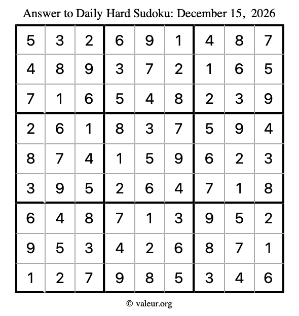 Answer to hard sudoku December 15, 2026