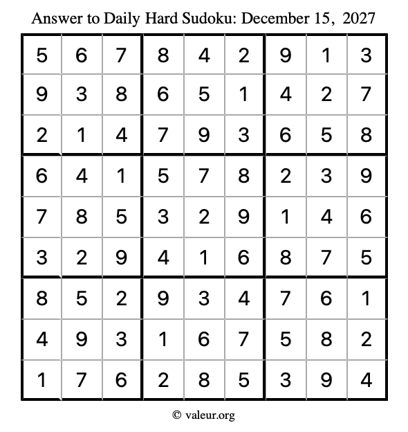 Answer to hard sudoku December 15, 2027