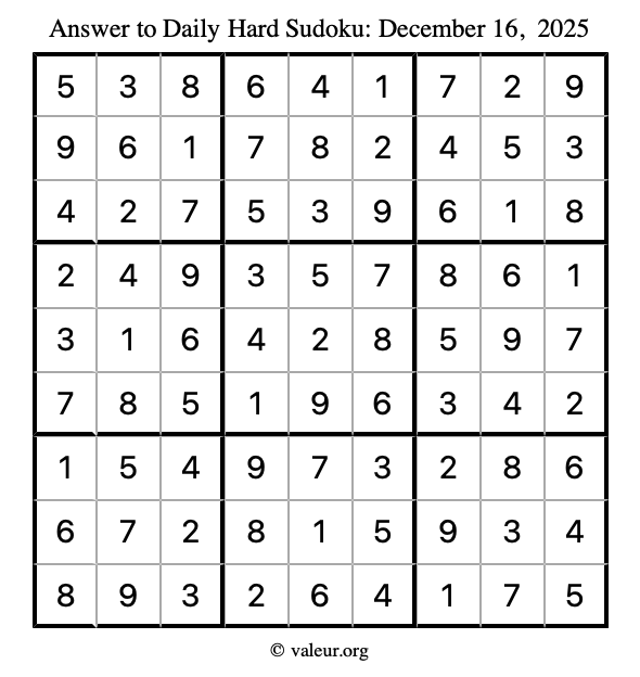 Answer to hard sudoku December 16, 2025