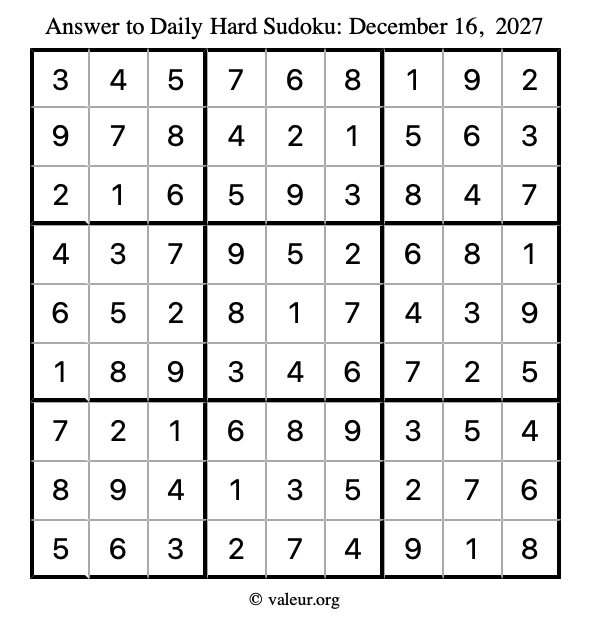 Answer to hard sudoku December 16, 2027