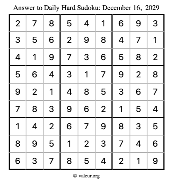 Answer to hard sudoku December 16, 2029