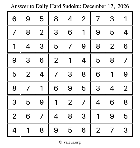 Answer to hard sudoku December 17, 2026