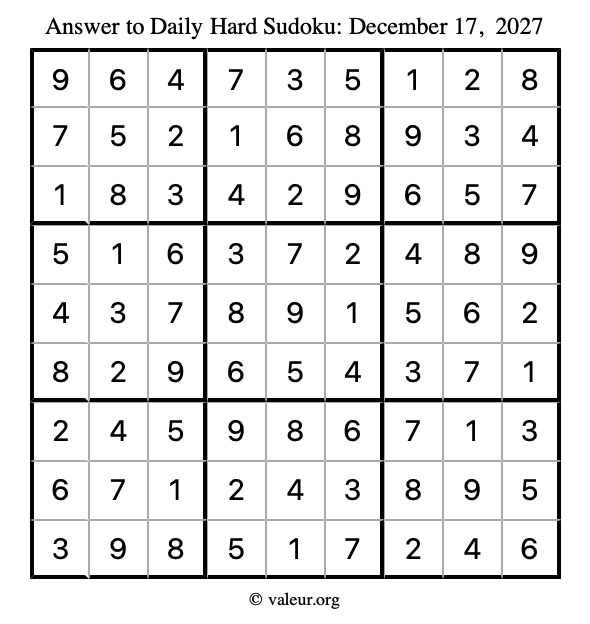 Answer to hard sudoku December 17, 2027