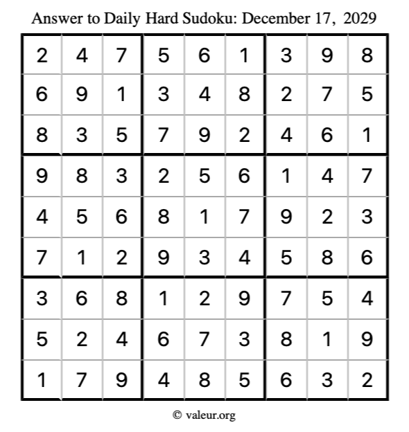 Answer to hard sudoku December 17, 2029