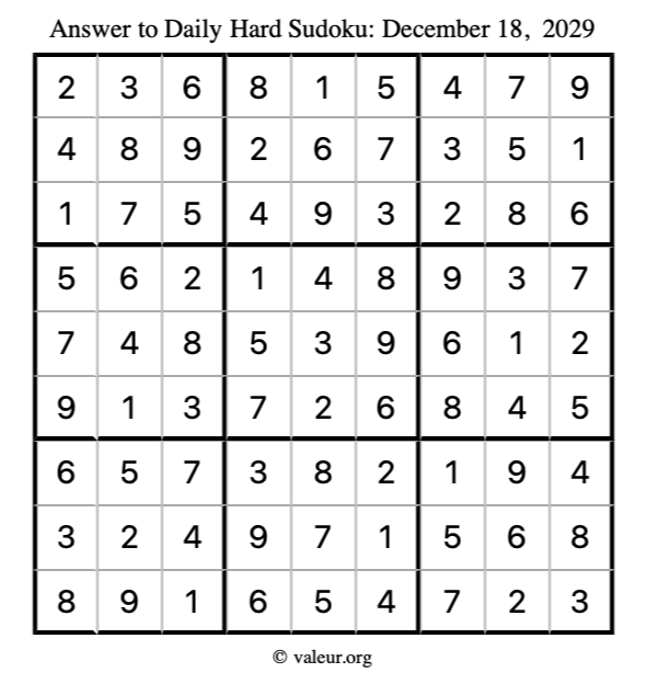 Answer to hard sudoku December 18, 2029