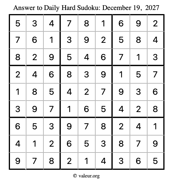 Answer to hard sudoku December 19, 2027