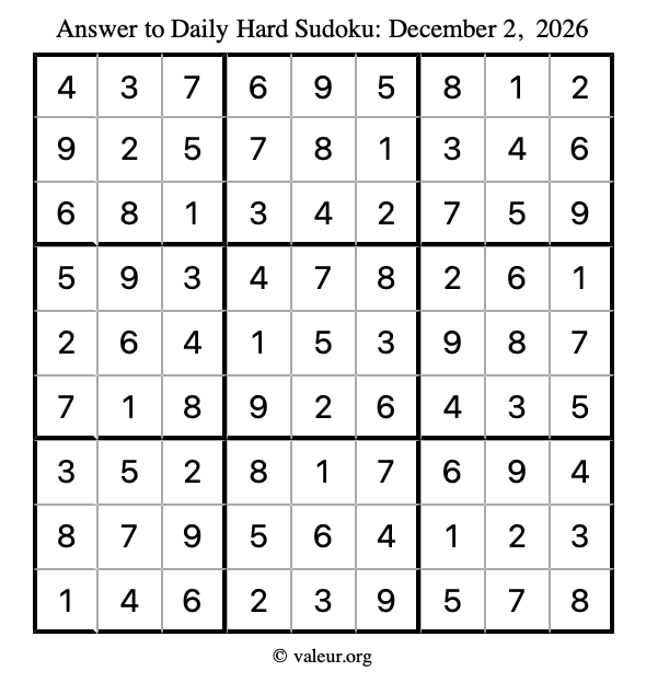 Answer to hard sudoku December 2, 2026