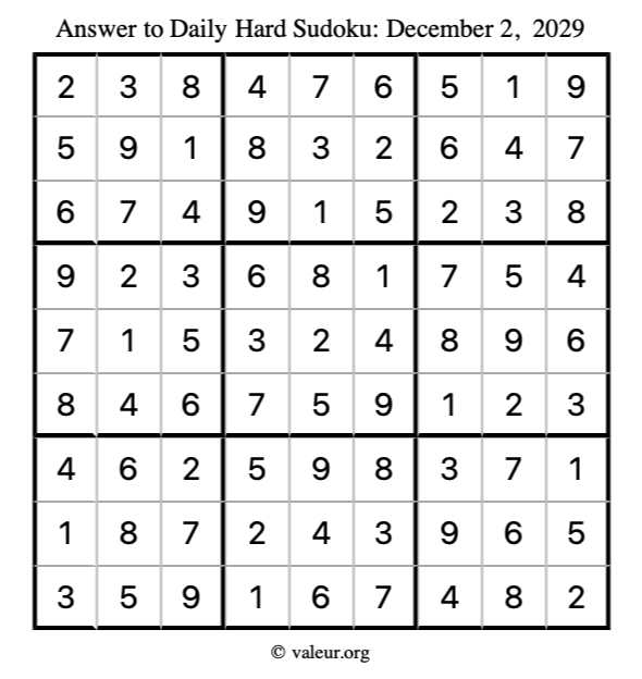 Answer to hard sudoku December 2, 2029