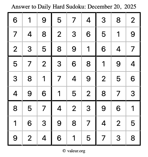 Answer to hard sudoku December 20, 2025