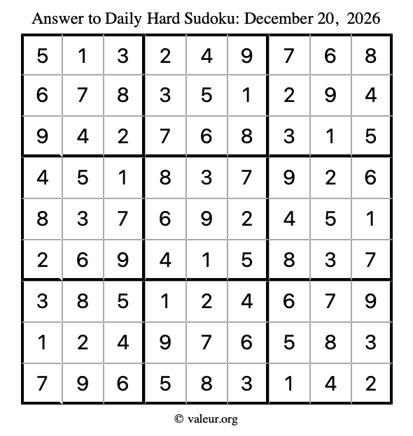 Answer to hard sudoku December 20, 2026