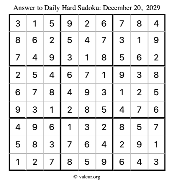 Answer to hard sudoku December 20, 2029