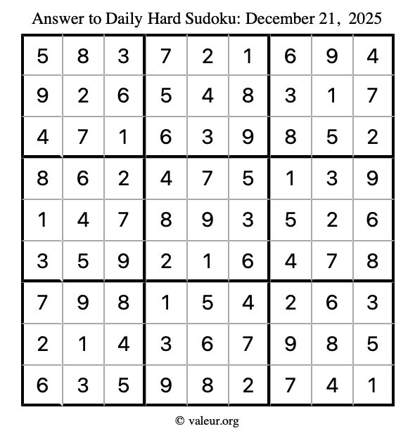Answer to hard sudoku December 21, 2025
