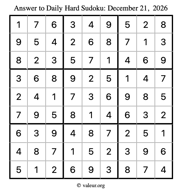 Answer to hard sudoku December 21, 2026