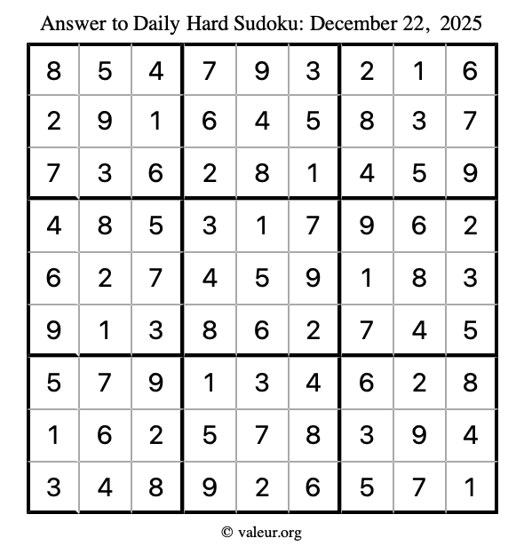 Answer to hard sudoku December 22, 2025
