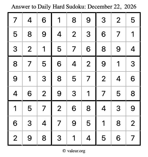 Answer to hard sudoku December 22, 2026