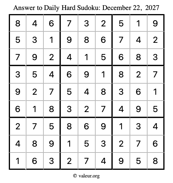 Answer to hard sudoku December 22, 2027