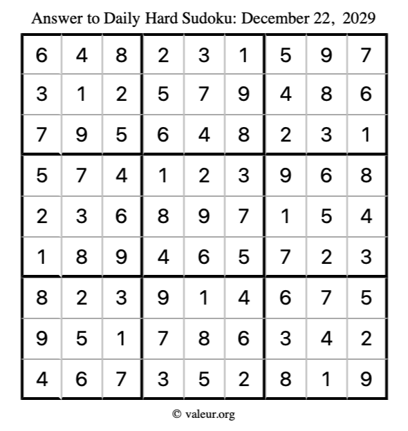Answer to hard sudoku December 22, 2029
