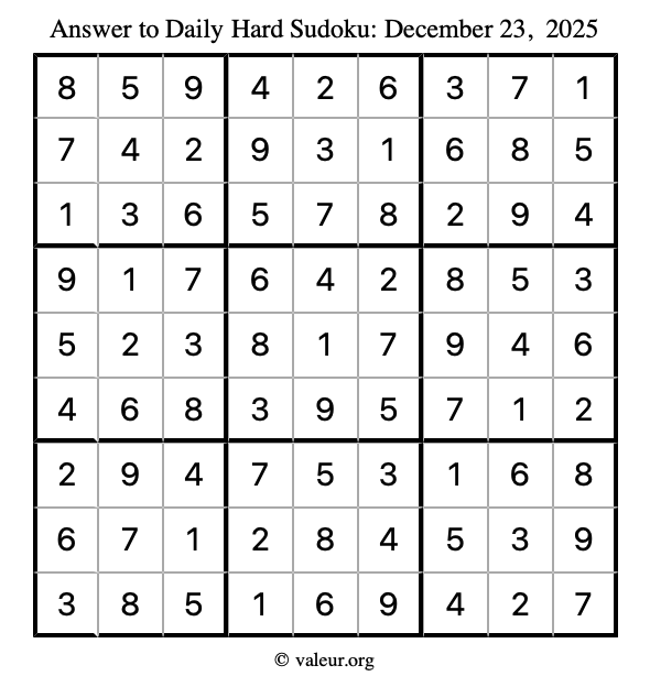 Answer to hard sudoku December 23, 2025