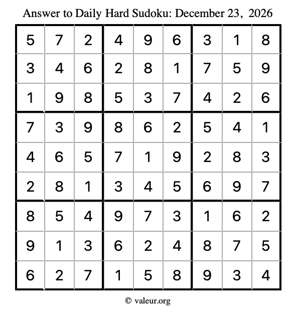 Answer to hard sudoku December 23, 2026