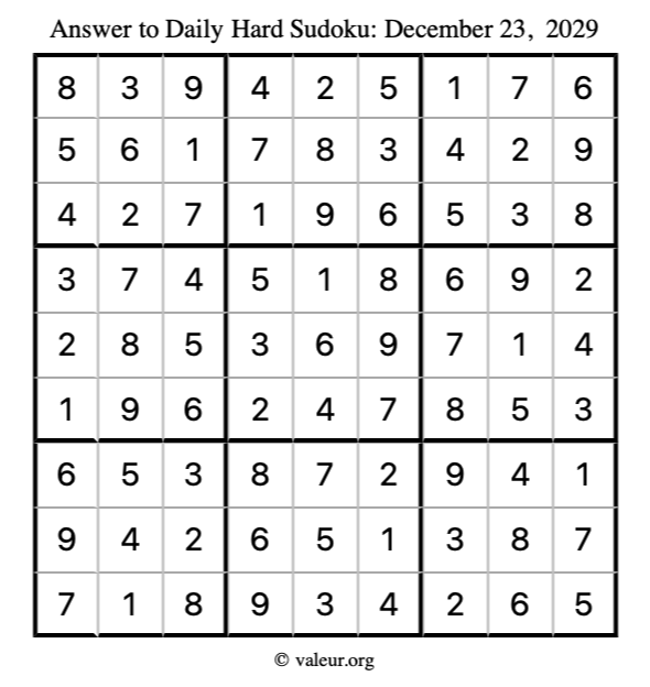 Answer to hard sudoku December 23, 2029