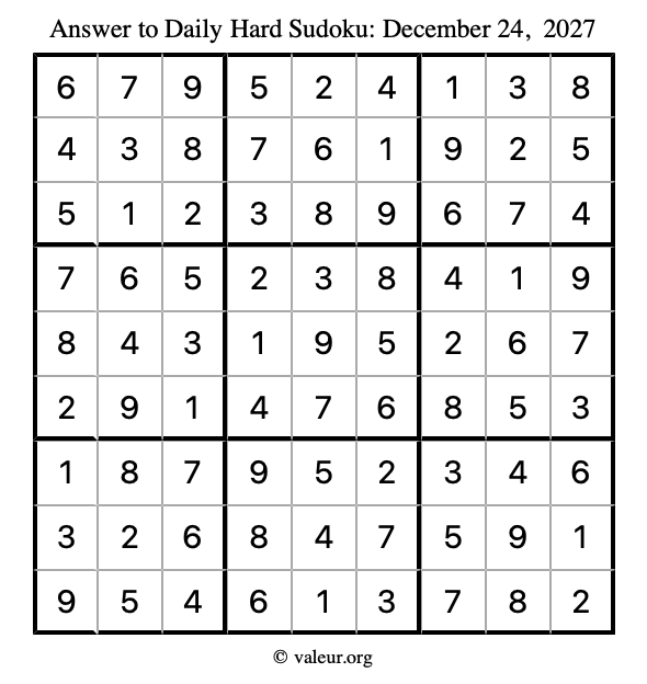 Answer to hard sudoku December 24, 2027