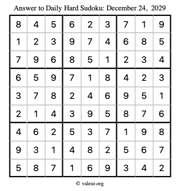 Answer to hard sudoku December 24, 2029