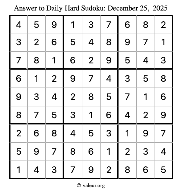 Answer to hard sudoku December 25, 2025