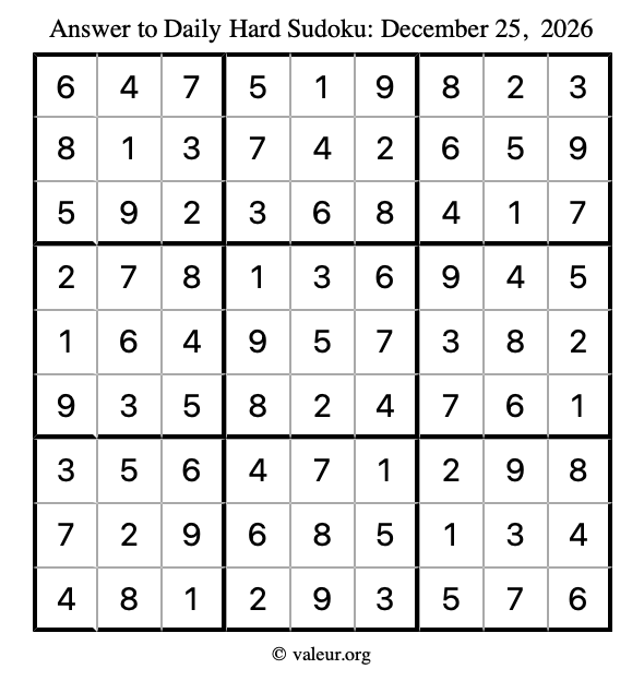 Answer to hard sudoku December 25, 2026