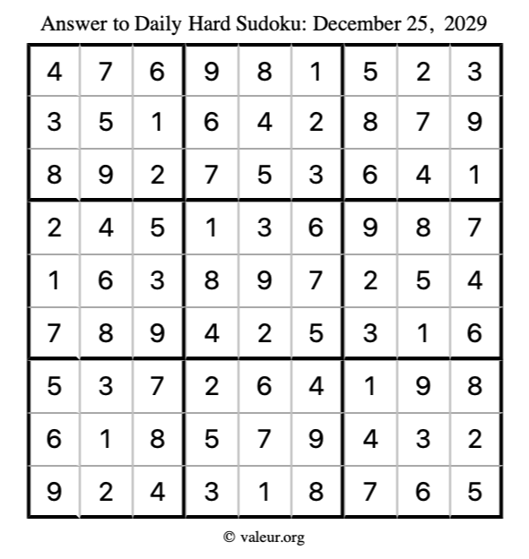 Answer to hard sudoku December 25, 2029