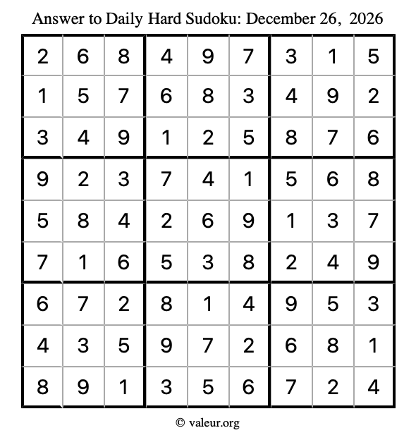 Answer to hard sudoku December 26, 2026