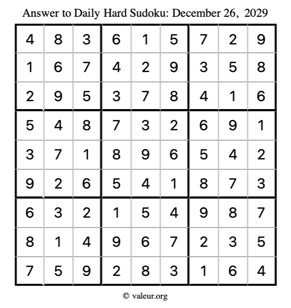 Answer to hard sudoku December 26, 2029