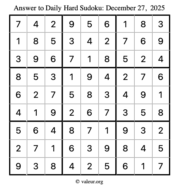 Answer to hard sudoku December 27, 2025
