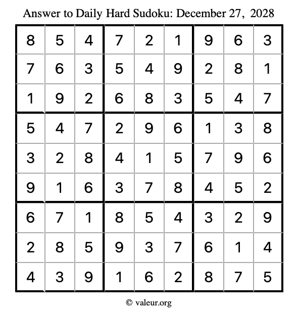 Answer to hard sudoku December 27, 2028