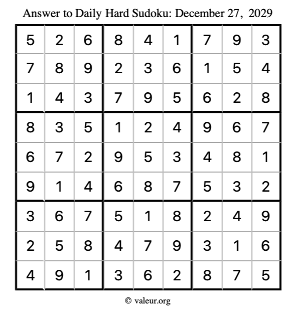 Answer to hard sudoku December 27, 2029