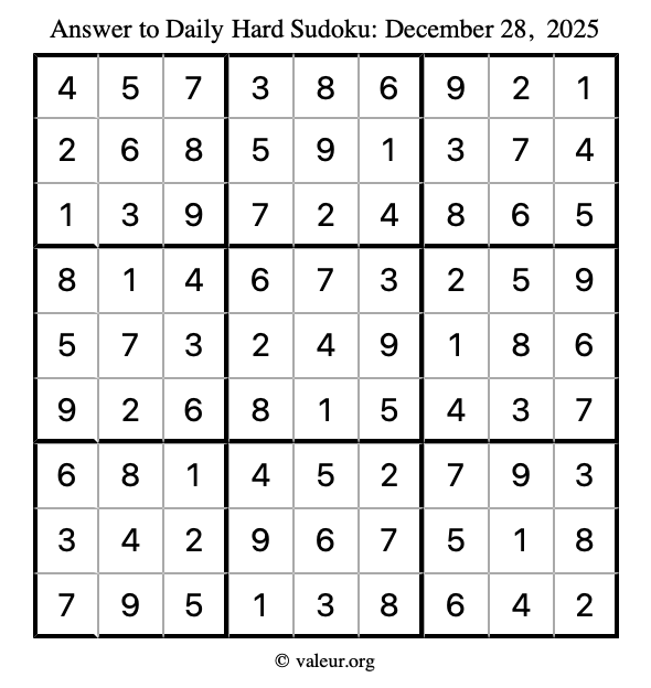 Answer to hard sudoku December 28, 2025