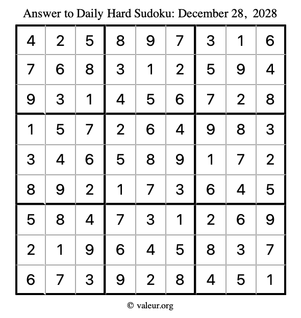 Answer to hard sudoku December 28, 2028