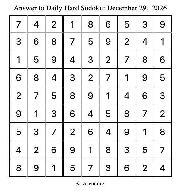 Answer to hard sudoku December 29, 2026