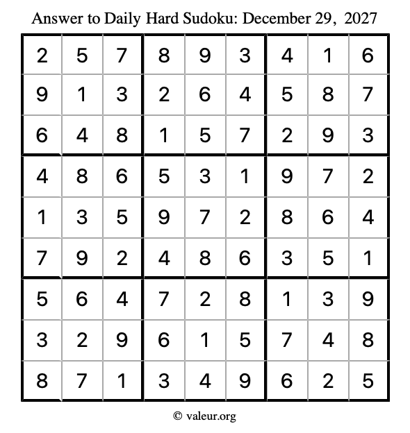 Answer to hard sudoku December 29, 2027
